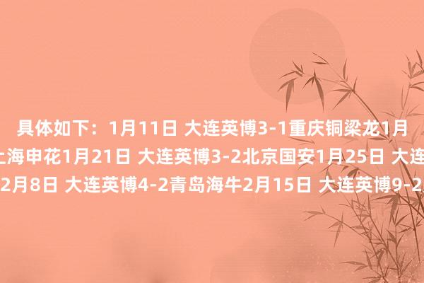 具体如下：1月11日 大连英博3-1重庆铜梁龙1月18日 大连英博0-2上海申花1月21日 大连英博3-2北京国安1月25日 大连英博2-1青岛西海岸2月8日 大连英博4-2青岛海牛2月15日 大连英博9-2延边龙鼎热身赛弓手榜：3球：卡兰加、马莱莱、阎相闯2球：拉布亚德、刘逸、杨铭锐1球：阿利米、赵学斌、闫鹏、黄山、孙铂、廖锦涛    体育集锦